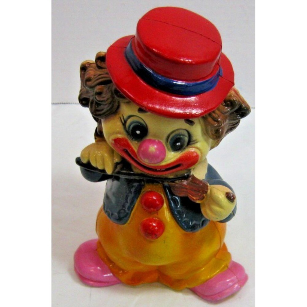 Vintage Hard Plastic Smiling Hobo Clown Piggy Bank Coin Bank & Stopper Hong Kong